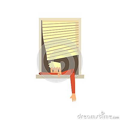 Young guy lying on window with his hand out. Jalousie moving on wind. Cartoon blond teen in red sweater. Architecture Vector Illustration