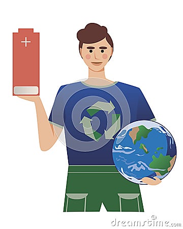 Young man and battery as a concept for sorting garbage, saving the planet, recycling, zero waste, flat vector stock illustration Cartoon Illustration