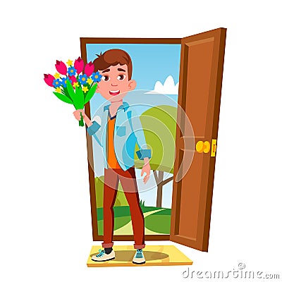 Young Guy In The Open Door With Flowers And Gift Vector. Isolated Illustration Vector Illustration