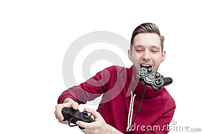 Young guy playing video game funny Stock Photo