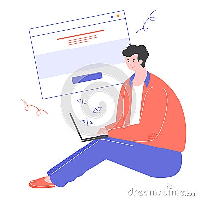 Young guy is a programmer, coder, web developer. Vector Illustration