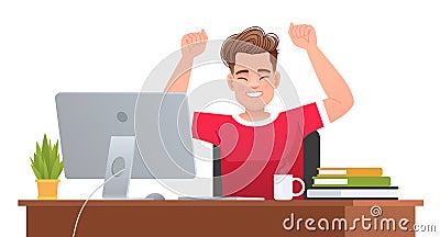 Young guy rejoices at the work done on the computer. Businessman at his desk. Vector Illustration