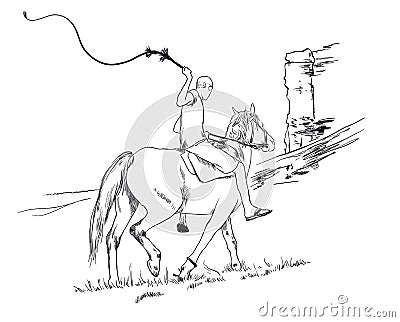 A young guy rider riding a horse rides past a cliff with a whip in his hands, vector sketch Vector Illustration