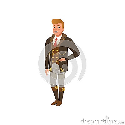 Young guy in steampunk clothes. Man in jacket, shirt with red tie, vest, pants and boots with gears. Flat vector design Vector Illustration