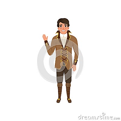 Steampunk guy waving hand. Man in jacket with lacing and high collar, shirt, pants and boots. Costume for festival. Flat Vector Illustration