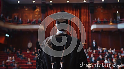 back view, speech of a graduate behind the podium, graduation, academic robe, Stock Photo