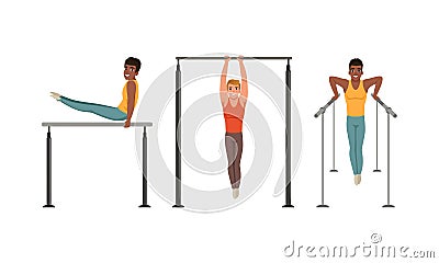 Young Guy Training on Different Gymnastics Apparatus Like Horizontal and Parallel Bars Vector Set Vector Illustration