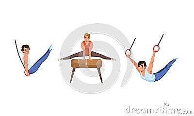 Young Guy Training on Different Gymnastics Apparatus Like Pommel Horse and Rings Vector Set Vector Illustration