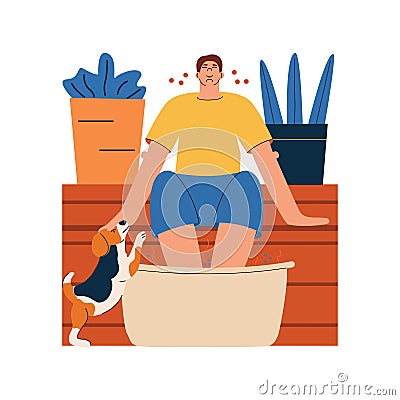 A young guy warms his feet in a foot bath. Concept of how to keep warm in winter. Vector illustration in flat style Vector Illustration