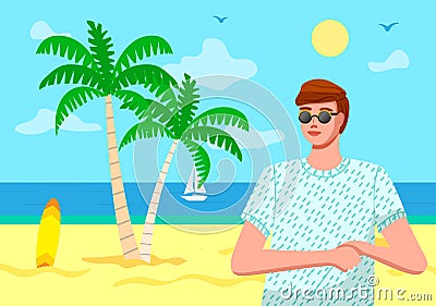 Young guy wearing sunglasses, t-shirt at beach, sea, yacht, palms, surfer board background Vector Illustration