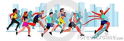 Young guy wins in city marathon. Vector flat cartoon horizontal illustration. Winner man with red ribbon on finish line Vector Illustration