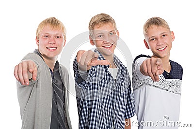 Young guys point fingers forward Stock Photo