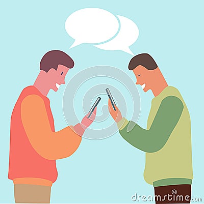 young guys watching their phones flat design Vector Illustration