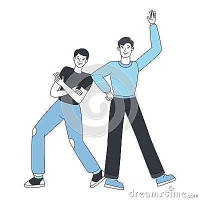 Young guys in welcoming pose cartoon illustration. Vector Illustration