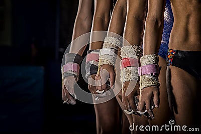 Young gymnasts girls line Stock Photo