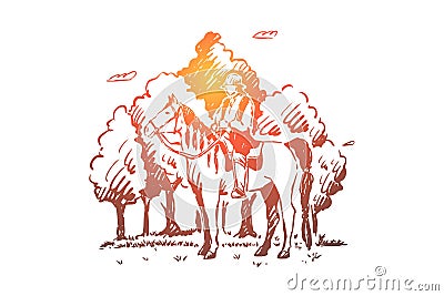 Young gypsy sitting on horseback, roma riding horse in forest, nomad in saddle, free nation, faceless horseman in woods Vector Illustration