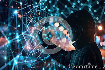 A young hacker interacts with a digital network display at night in an urban setting, showcasing advanced technology and Stock Photo