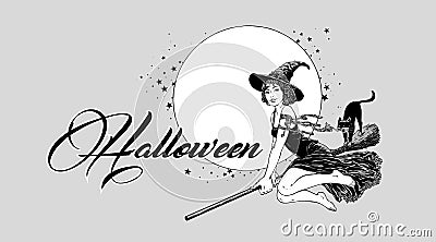 Young halloween witch flying on broom vector Vector Illustration