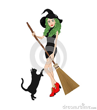 Young Halloween Witch with her Broom and Black Cat Stock Photo