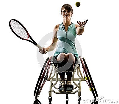 Young handicapped tennis player woman welchair sport isolated si Stock Photo