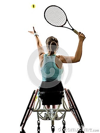 Young handicapped tennis player woman wheelchair sport isolated Stock Photo