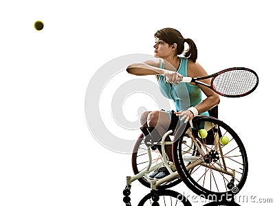 Young handicapped tennis player woman wheelchair sport isolated Stock Photo