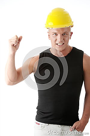 Young handsome angry builder. Stock Photo