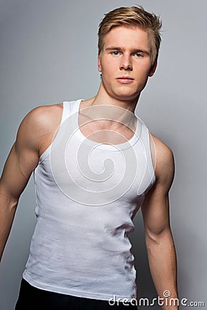 Young handsome blond man wearing t-shirt Stock Photo