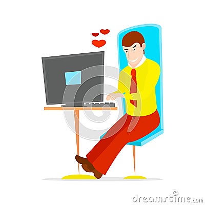 Young handsome Businessman is sitting legs crossed typing something on the desktop computer and friendly smiling Vector Illustration