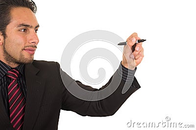 Young handsome businessman writing on whiteboard Stock Photo