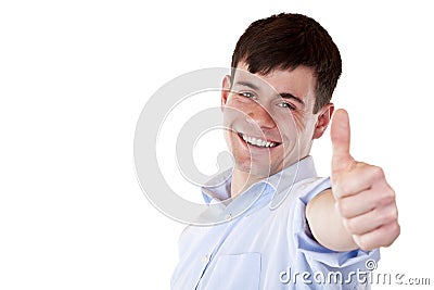 Young handsome employee shows thumb into camera Stock Photo