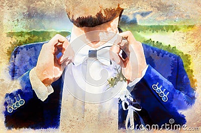 Young handsome groom in blue wedding suit. Computer painting effect. Stock Photo