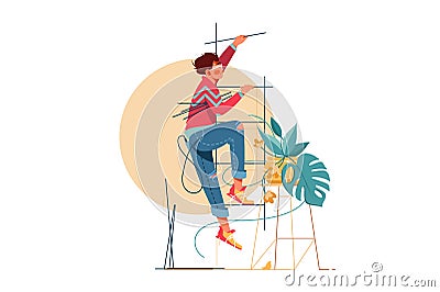 Young handsome man climbs upstairs for repair work. Vector Illustration