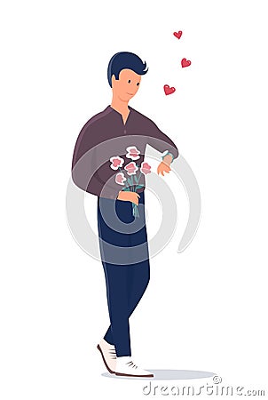 A young handsome man with flowers is waiting for his girlfriend Vector Illustration