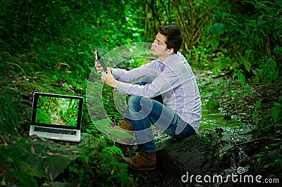 Young handsome man with great internet Stock Photo