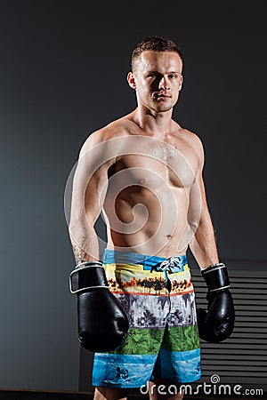 Portrait of boxer in Boxing gloves on gray background Stock Photo