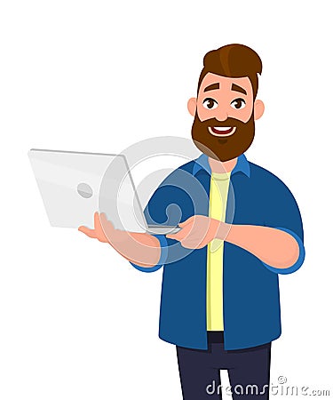 Young handsome man holding laptop computer and smiling while standing. Laptop computer concept illustration. Vector illustration. Vector Illustration