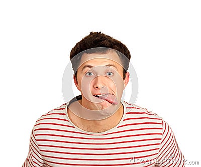 Young handsome man joke disagree gesture showing tongue. emotional guy isolated on white background Stock Photo