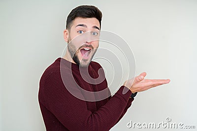 Young handsome man wearing a sweater over isolated background Pointing to the side with hand and open palm, presenting ad smiling Stock Photo