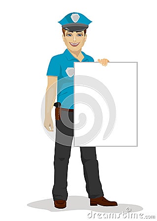 Young handsome policeman holding blank board over white background Vector Illustration