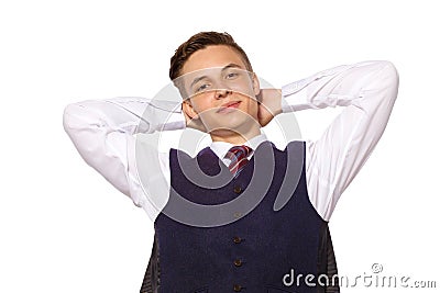 Young handsome smiling businessman relaxing after good deal isolated on white Stock Photo