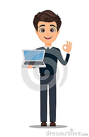 Young handsome smiling businessman in smart casual clothes holding laptop and showing OK gesture Vector Illustration