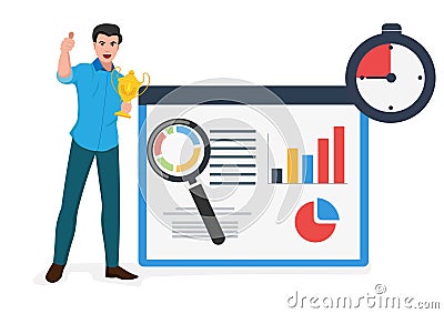 Young handsome successful businessman with business plan man standing holding trophy Ready to display charts and graphs. vector Vector Illustration