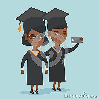 Young african-american graduates making selfie. Vector Illustration
