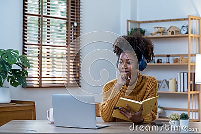 Young happy asian girl student university online learning class video call discord zoom teacher professor, learning Stock Photo