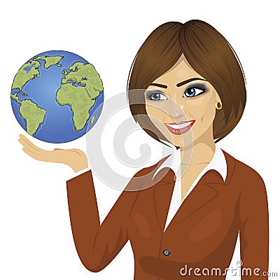 Young happy attractive brunette businesswoman holding the globe Vector Illustration