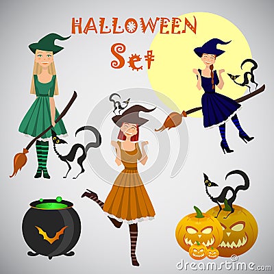 Young happy and attractive witches Vector Illustration