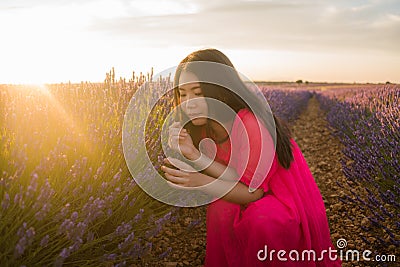 Young happy and beautiful Asian Chinese woman in Summer dress enjoying free and playful in romantic and lovely purple lavender Stock Photo