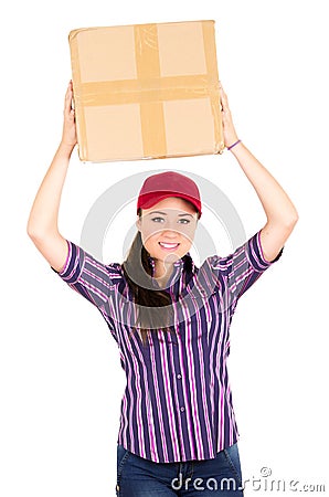 Young happy beautiful delivery girl carrying Stock Photo