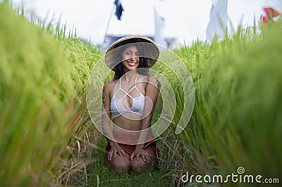 Young happy and beautiful latin woman in traditional Asian farmer hat smiling cheerful posing sexy isolated on green rice field in Stock Photo